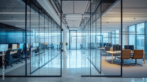 setting of modern, glass-walled business startup offices, the open, airy workspace reflects a contemporary and innovative ambiance, promising a dynamic environment for entrepreneurial growth
