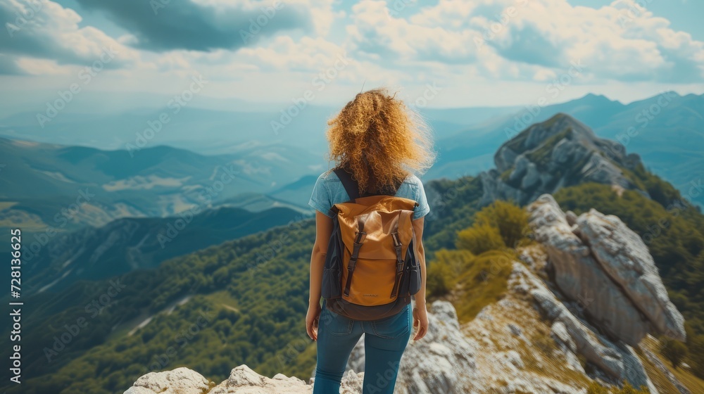 Young beautiful tourist woman with curly hair on top of a mountain. Active woman enjoys the beautiful scenery of the majestic mountains. Travel, adventure.
