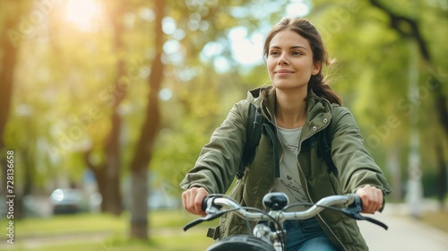 Young pensive dreamful happy woman 20s wearing casual green jacket jeans riding bicycle bike on sidewalk in city spring park outdoors, look aside. People active urban healthy lifestyle cycling concept photo