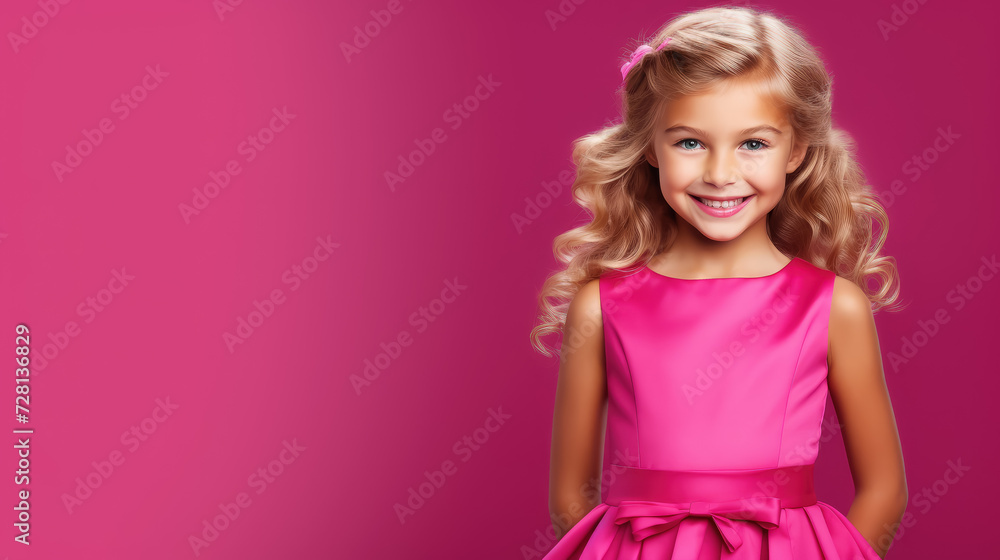 little blue-eyed smiling girl with long curly blond hair in a pink dress on a crimson background in the studio, child, kid, daughter, teenager, fashion, beauty, stylish clothes, space for text, skirt little blue-eyed smiling girl with long curly blond hair in a pink dress on a crimson background in the studio, child, kid, daughter, teenager, fashion, beauty, stylish clothes, space for text, skirt