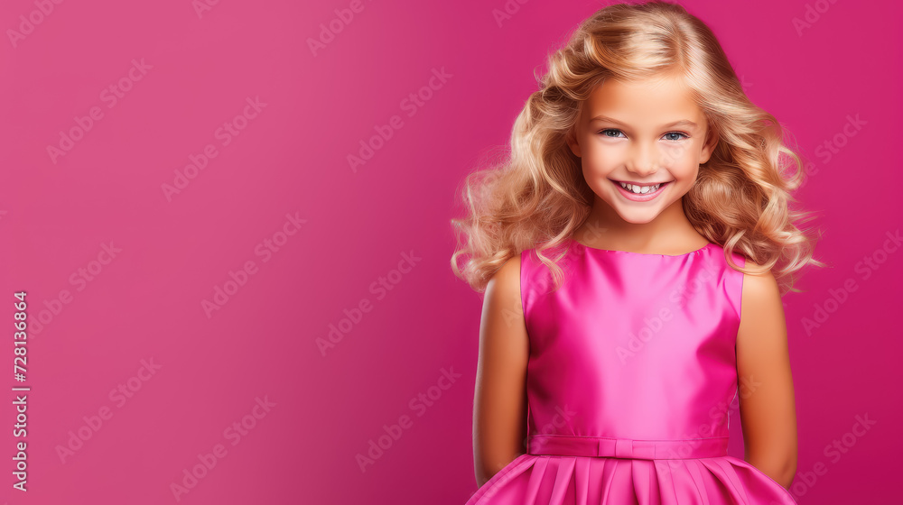 little blue-eyed smiling girl with long curly blond hair in a pink dress on a crimson background in the studio, child, kid, daughter, teenager, fashion, beauty, stylish clothes, space for text, skirt little blue-eyed smiling girl with long curly blond hair in a pink dress on a crimson background in the studio, child, kid, daughter, teenager, fashion, beauty, stylish clothes, space for text, skirt