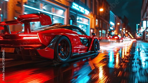 Illustrate a futuristic supercar with an augmented reality windshield, displaying real-time data and information about the road, weather, and navigation, as it speeds through a high-tech highway © asifmunir07