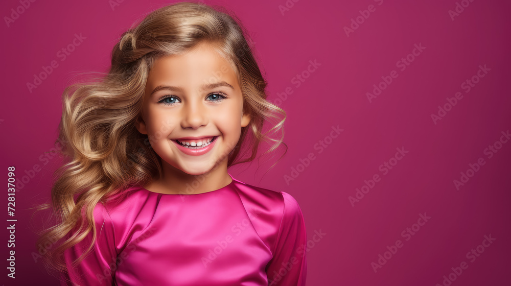 little blue-eyed smiling girl with long curly blond hair in a pink dress on a crimson background in the studio, child, kid, daughter, teenager, fashion, beauty, stylish clothes, space for text, skirt little blue-eyed smiling girl with long curly blond hair in a pink dress on a crimson background in the studio, child, kid, daughter, teenager, fashion, beauty, stylish clothes, space for text, skirt