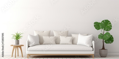 Sofa with plants and empty poster in simple living room, with lamps and white rug.