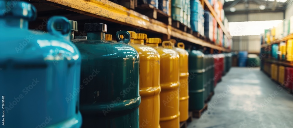Chemical containers stored in factory. Chemical containers stored in factory.