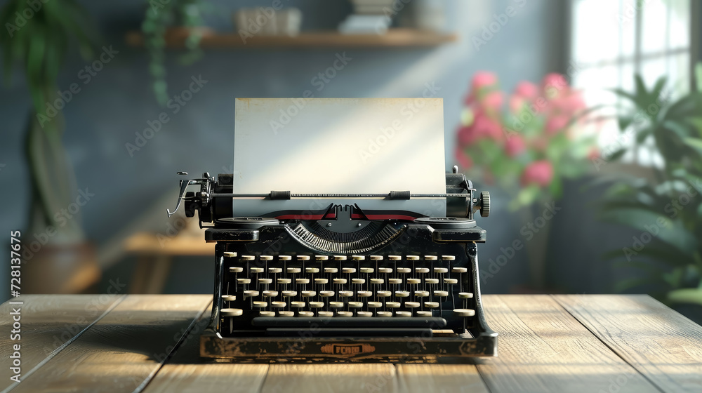 blank sheet of paper inserted into an old typewriter on a table in a stylish room, publishing house, space for text, writing, layout, editorial, writer's day