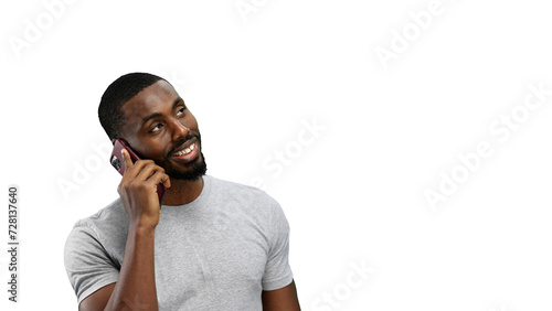 Man, close-up, on a white background, talking on the phone