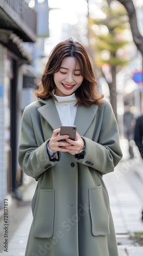 smiling japanese attractive woman using smart cellphone on sidewalk