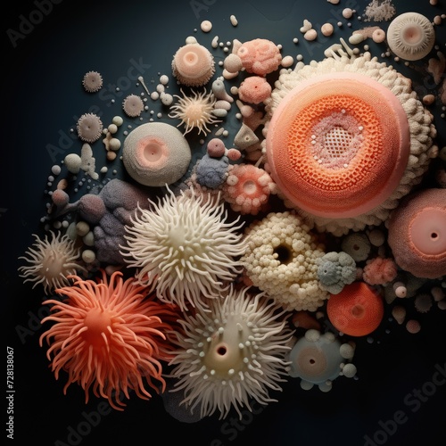 In the microscopic realm, a vibrant microbe dances, form intricate surreal. A symphony of colors shapes, it embodies unseen beauty of microbial world, a tiny marvel thriving in unseen corners of life.