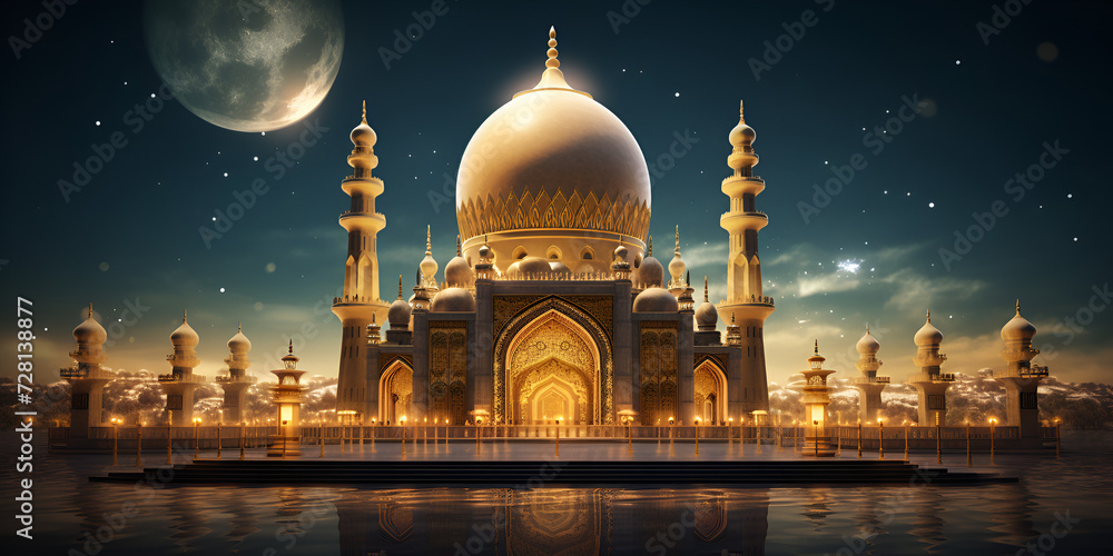 A large golden  mosque with a full moon .3d illustration of mosque on dark background. Ramadan Kareem concept.