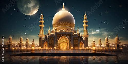 A large golden mosque with a full moon .3d illustration of mosque on dark background. Ramadan Kareem concept.