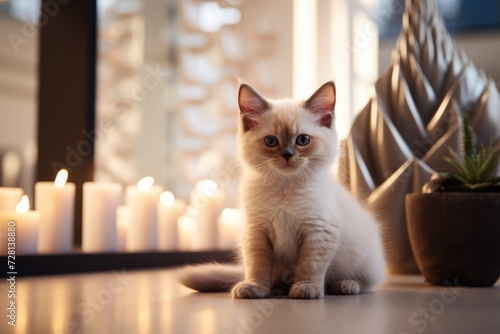 Adorable fluffy kitten in a nicely decorated home with candles at the background. Pet indoors. AI Generated 