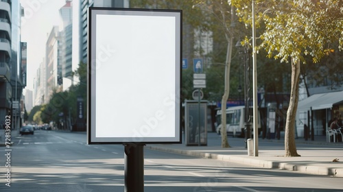 Mockup. Vertical advertising stand in the street. Blank white street billboard poster lightbox stand mock with urban city background