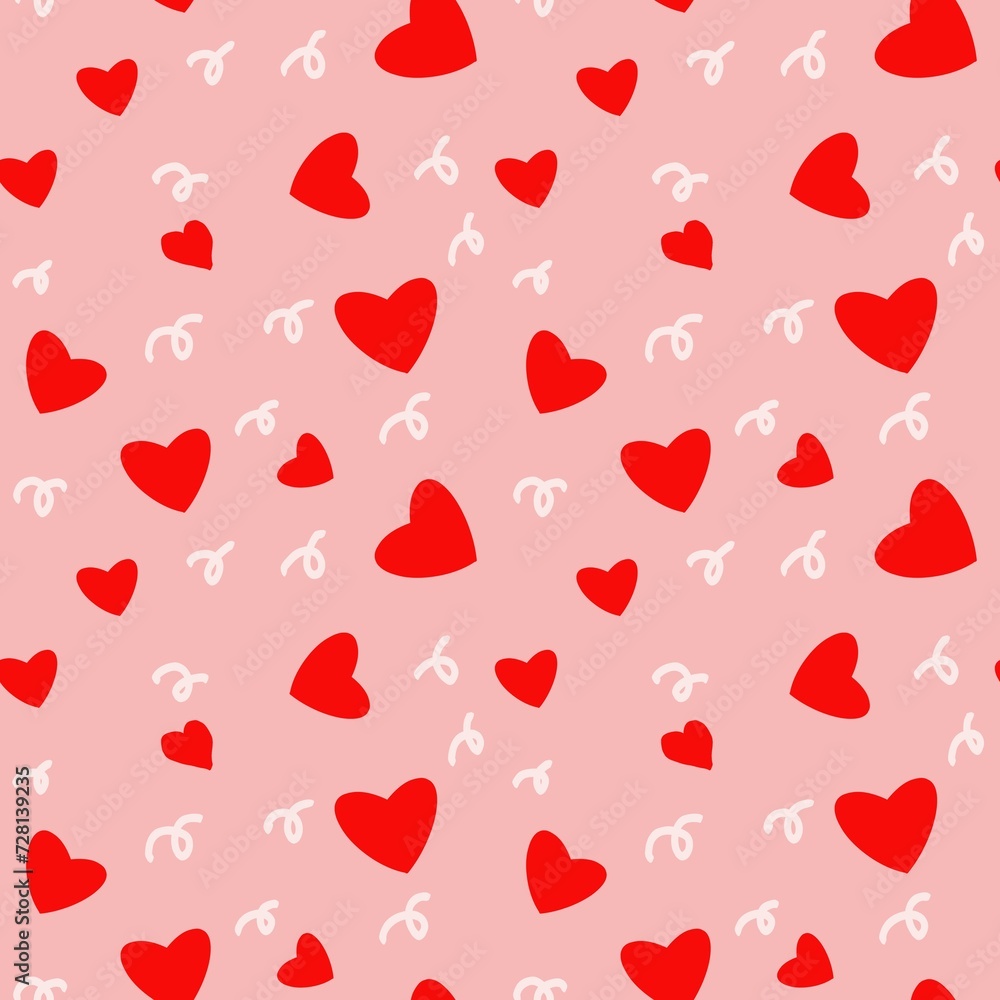 seamless pattern with red hearts in different sizes and shades scattered across a light pink background.