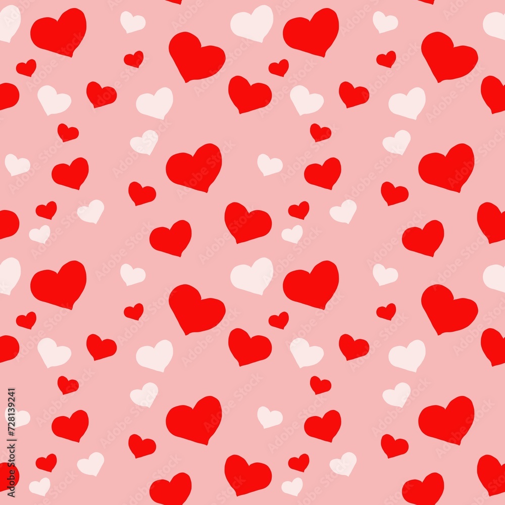 seamless pattern of red and white hearts on a pink background.