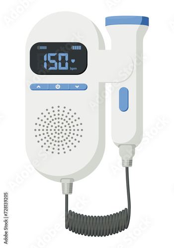 Medical equipment, Doppler Fetal heart ultrasonic detectors, handheld devices, use sound waves to detect the heartbeat of a developing fetus. Flat design