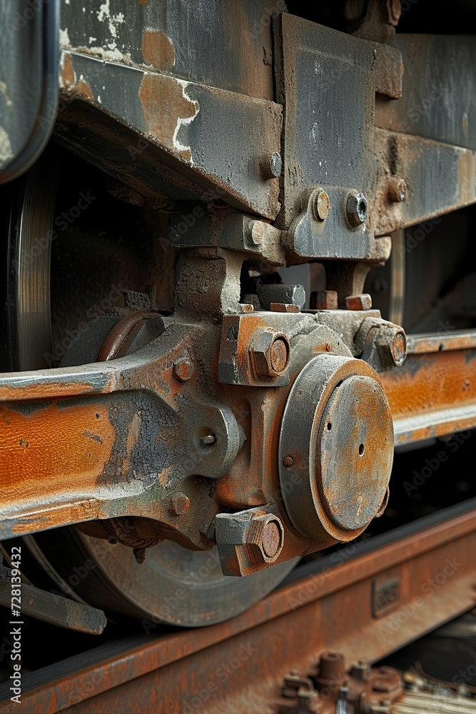 Close-up of a train's brake calipers with robustness and precision. Railway braking in an ingenious and imposing design. Personification of railway engineering.