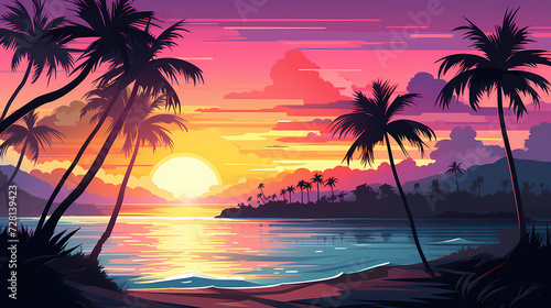 wallpaper sunset beach with palm tree retro color © skizophobia