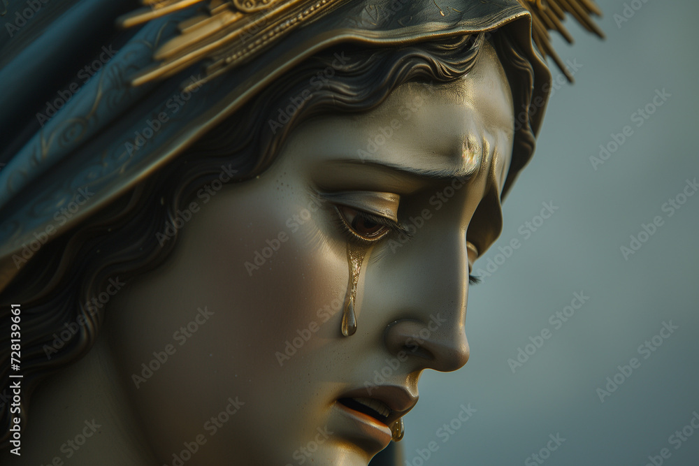 Statue of the Virgin Mary Crying, Profile of a Mother Grieving for the Death of Her Son on Holy Saturday
