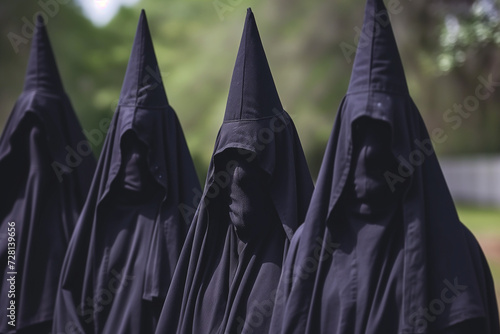Nazarene with Black Hood in Holy Week Processions, Row of Men Dressed in Mourning for the Death of Jesus on Holy Saturday photo