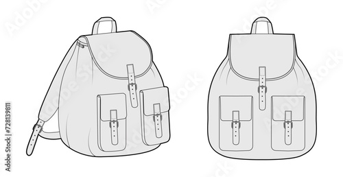 Round basket backpack silhouette bag. Fashion accessory technical illustration. Vector schoolbag front 3-4 view for Men, women, unisex style, flat handbag CAD mockup sketch outline isolated