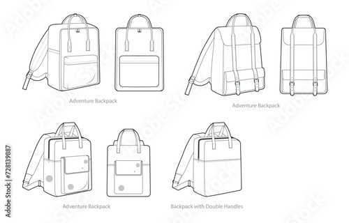 Set of Adventure backpacks with Double Handles silhouette bag. Fashion accessory technical illustration. Vector schoolbag front 3-4 view for Men, women, unisex style, flat handbag CAD mockup sketch