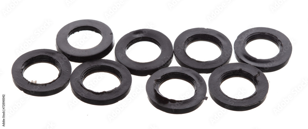 Rubber O-Ring for industry and Repair, o ring seal gaskets to joint pressure and prevent leak from machine component. Black rubber o rings use in product plumbing water oil. White background isolated Rubber O-Ring for industry and Repair, o ring seal gaskets to joint pressure and prevent leak from machine component. Black rubber o rings use in product plumbing water oil. White background isolated