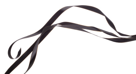Black ribbon long straight fly in air with curve roll shiny. Black ribbon for present gift birthday party to wrap around decorate and curl curve long straight. White background isolated