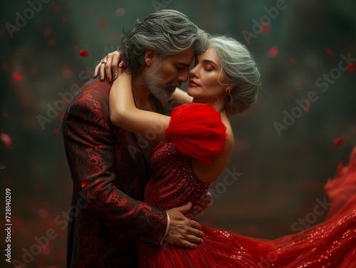 Beautiful romantic digital portrait of a middle-aged couple dancing tango, senior dancers' passionate embrace, the lady wears a swirling red evening dress, her partner has a beard and wears a suit