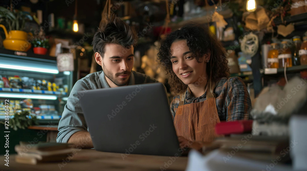 A Man and Woman Looking at a Laptop Computer