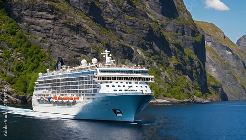 Cruise ship sailing through a narrow rock canyon, showcasing the natural wonders of Norwegian fjords © ibreakstock