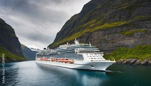 Scenic voyage through Norwegian fjords: Cruise ship amidst a captivating rock canyon © ibreakstock