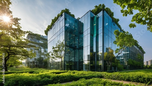 Corporate building in city with green features to lower carbon dioxide