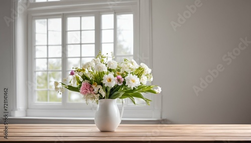 Fresh flowers on a wooden table against a large white window  ideal for springtime decoration
