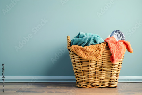 Overflowing laundry wicker basket with colorful dirty clothes on wooden floor. Spring cleaning, household chore and housework concept. Design for banner, poster with copy space