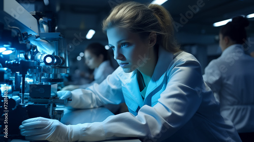 A scientist woman working hard to learn new things in a science lab. Exploring and finding out cool stuff using science tools. Generative AI.