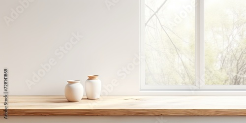 Abstract blur white interior with window and product display  featuring an empty wooden table.