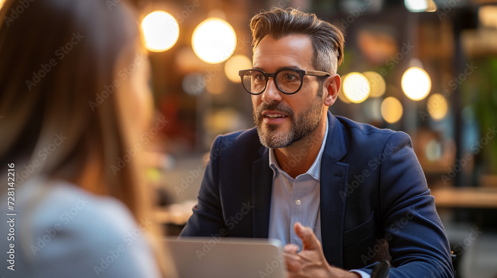 Man Talking to Woman in a Restaurant Man Talking to Woman in a Restaurant