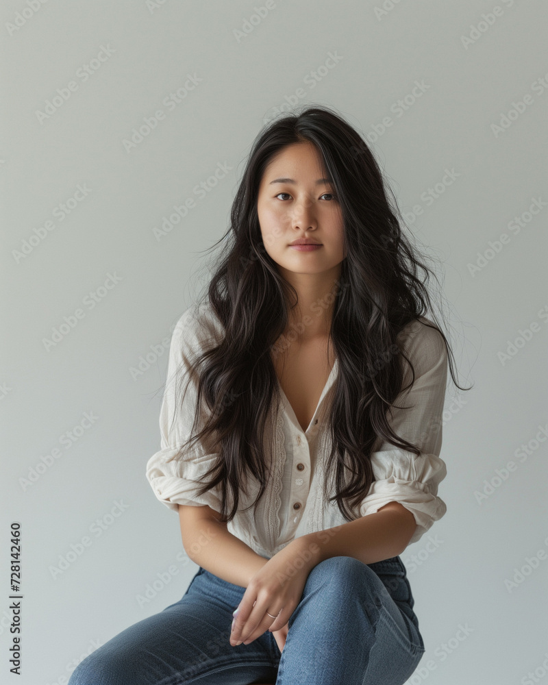 Obraz premium Asian woman sitting on a high stool facing the camera