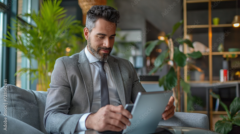 Man Sitting on Couch, Looking at Tablet Man Sitting on Couch, Looking at Tablet