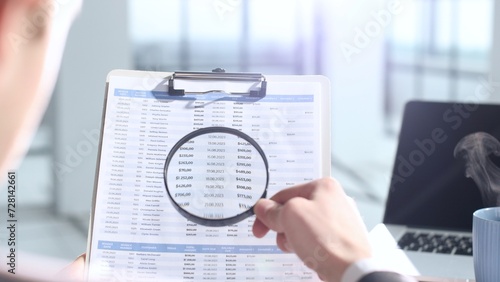 A document verification, magnifying glass, important report