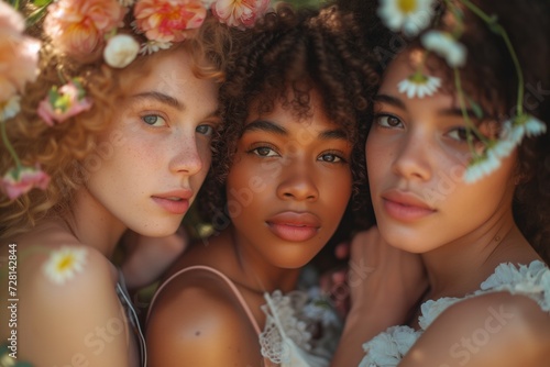 Beautiful multi-ethnic women together, celebrating different skin colors and hair types.