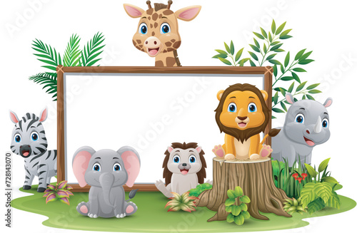 Cute wild animals cartoon with blank board