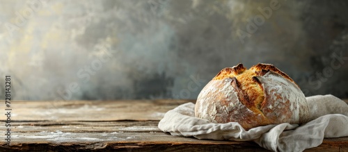 Delicious Bread on a Wooden Table with Gray Background - Temptingly Delicious Bread Resting on a Sturdy Wooden Table against a Sleek Gray Background
