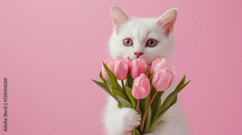 Funny animal portrait of adorable white kitten gives a bouquet of fresh pink tulip flowers on pastel pink background with copy space, concept of celebrating Valentine's day, Mother's day, Woman's day.