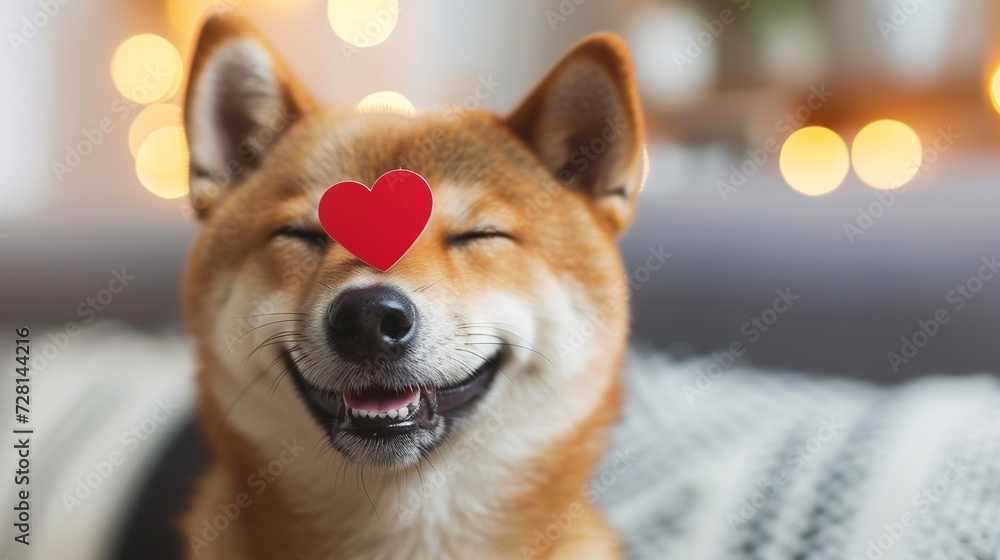 Adorable smiling happy shiba inu dog puppy with a paper red heart hold on nose smiling to the camera, close up, funny animal portrait on modern home background, Valentine's idea.