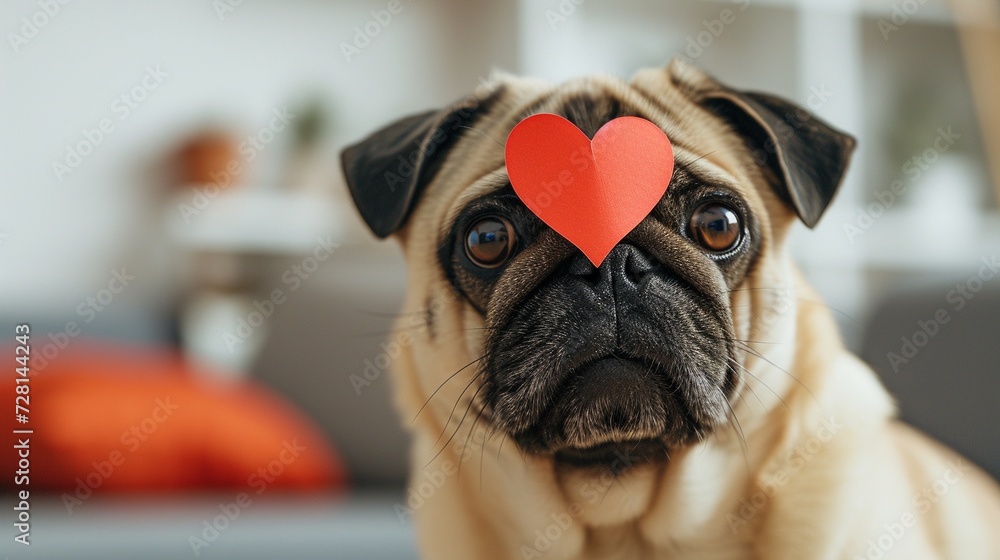 Adorable smiling happy pug dog puppy with a paper red heart hold on nose smiling to the camera, close up, funny animal portrait on modern home background, Valentine's idea.