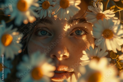 Sunset hues dance across her face, framed by a crown of daisies, eyes alight with the golden hour's embrace.