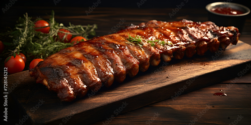 rack of barbecue spare ribs cooking on a BBQ with green and red peppers, dark background for copy space.
