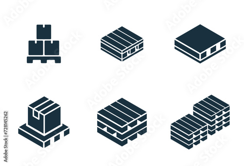 Shipping pallet icons set on white background. online delivery service business. Parcel container, packaging boxes, web design for applications.